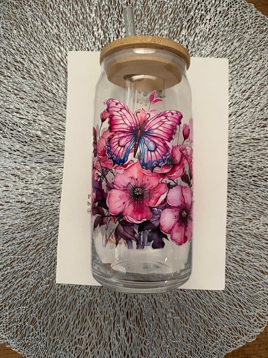 Floral Butterfly Glass Tumbler