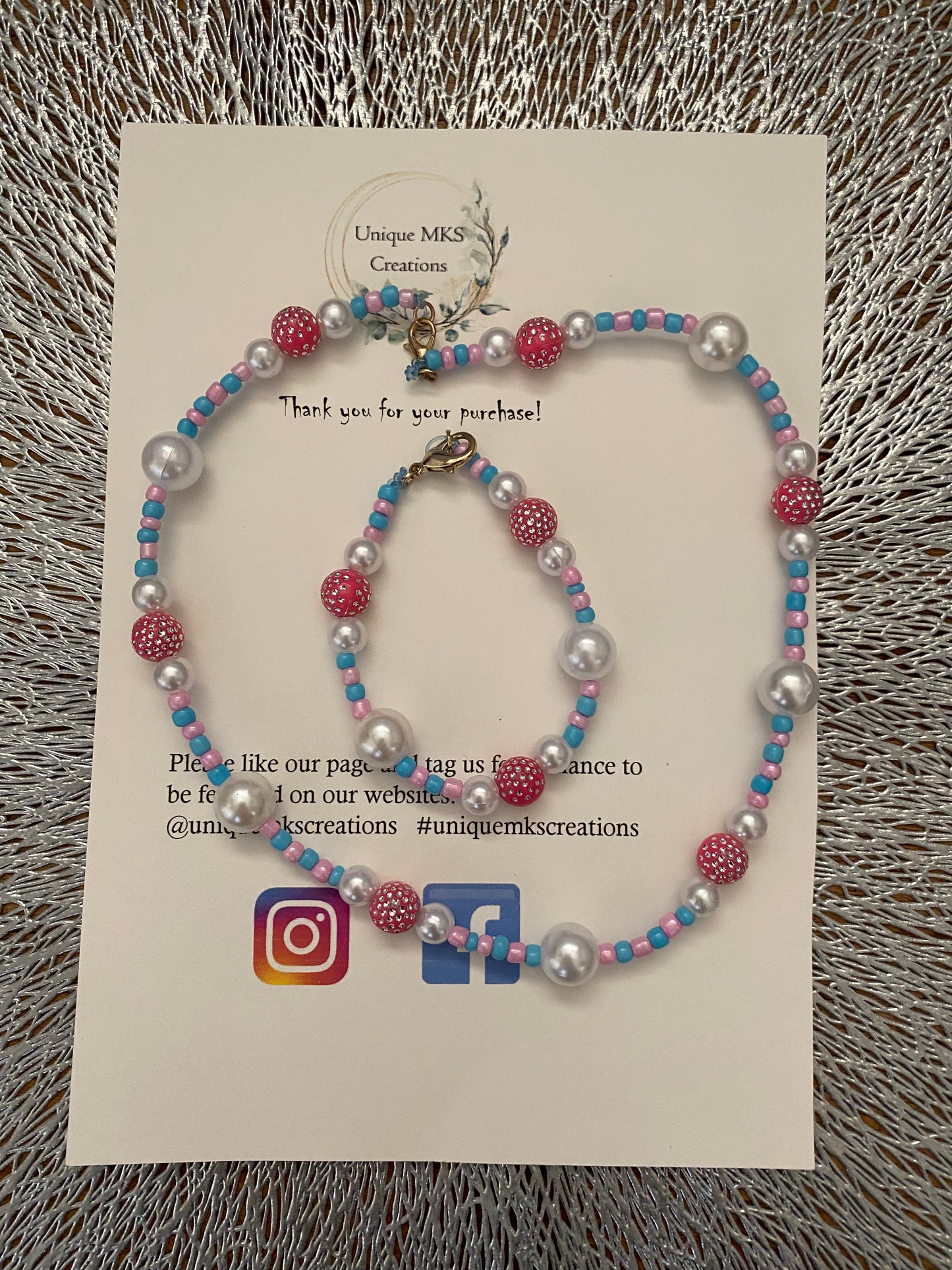 Blue, Pink & White Pearl Necklace & Bracelet - Limited Edition